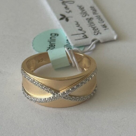 Blue Sage CZ Crossover Ring 14K Gold Plated Sterling Silver Sz.7 - Picture 5 of 14